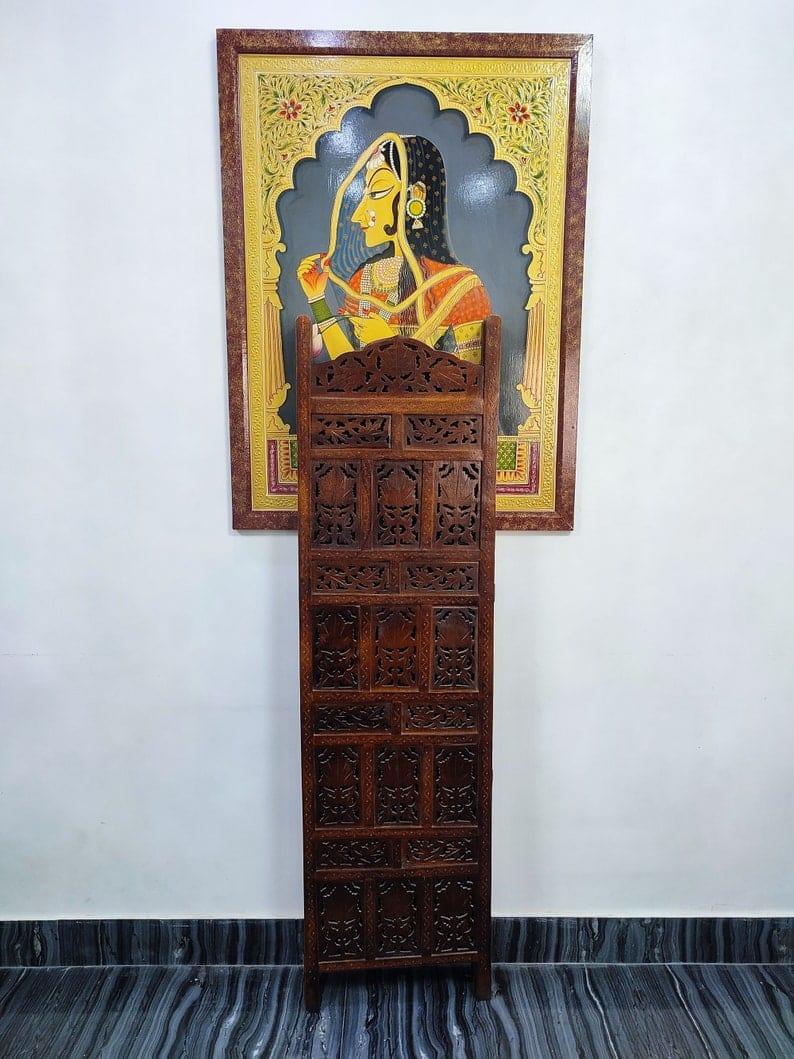 Wooden Divider Carved 4 Panel Wooden Partition Screen , Room Divider , Hand Polished Wooden Screen , Vintage Folding Screen , Hand Made. - Ouch Cart