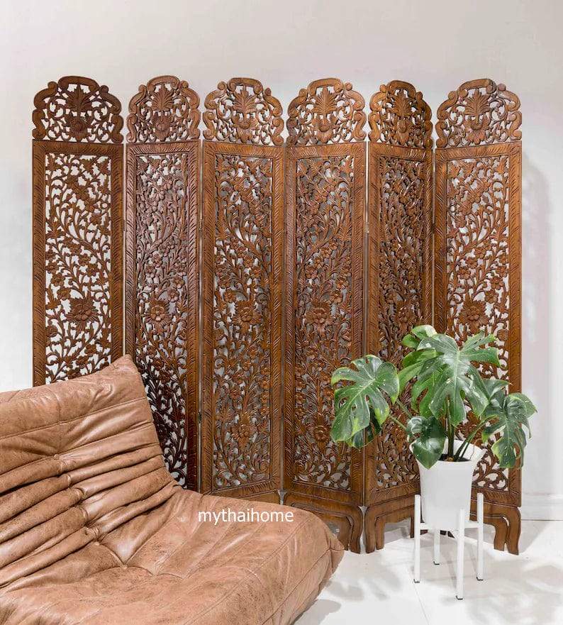 5 Panel Room Divider Flower Folding Screen Panels Partition Carved  Wood and MDF Asian Screen Large Wood Wall-Art Thai Wood Carving Wooden Boho King Headboard