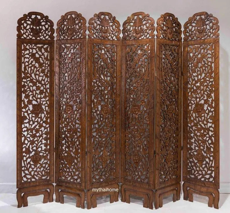 5 Panel Room Divider Flower Folding Screen Panels Partition Carved Wood and MDF Asian Screen Large Wood Wall-Art Thai Wood Carving Wooden Boho King Headboard - Ouch Cart