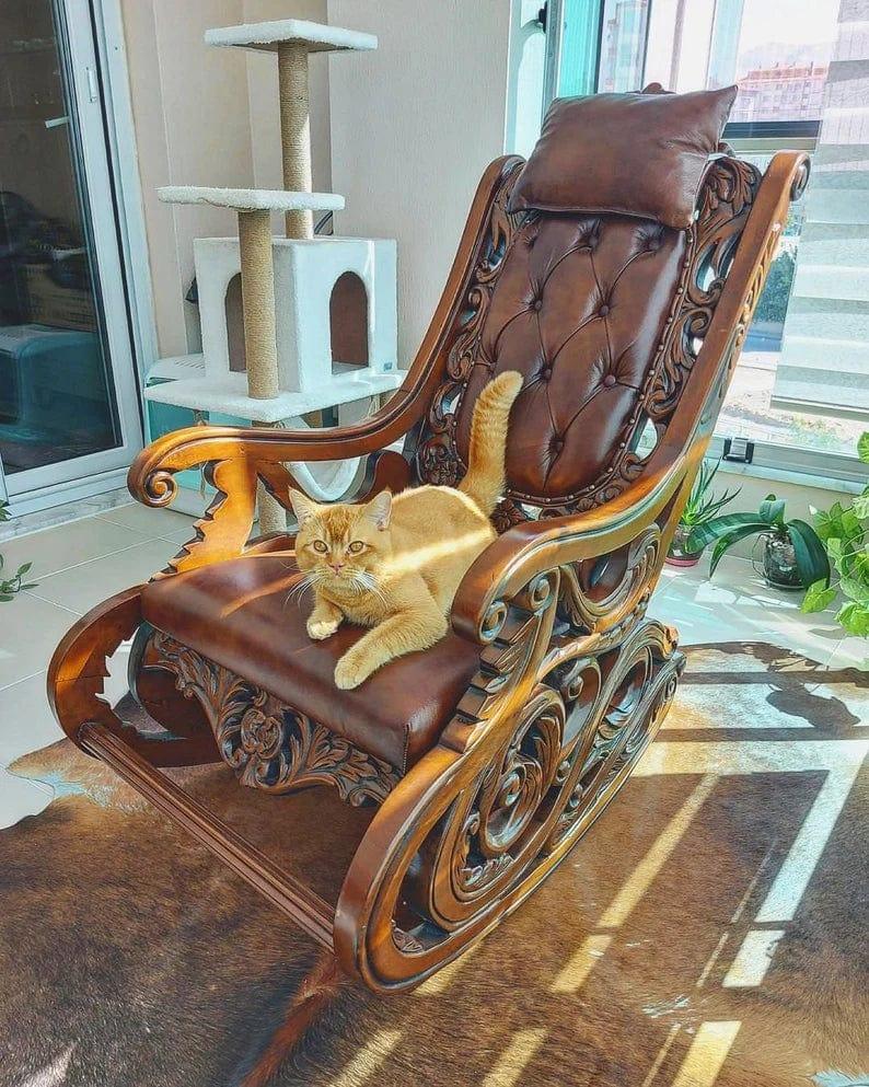 Wooden rocking chair, Handmade wood carving, boss chair, walnut wood chair, walnut wood rocking chair, gift for boss, gift for dad - Ouch Cart