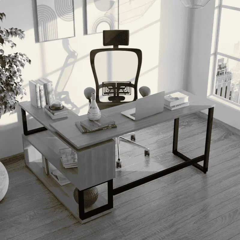 L Shaped Executive Desk with Storage Design in Wooden Color - Ouch Cart
