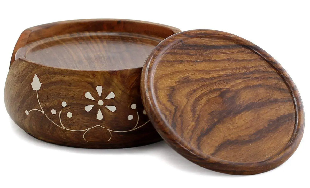 Wood Drink Coasters Sets with Holder Set of 6 - Ouch Cart