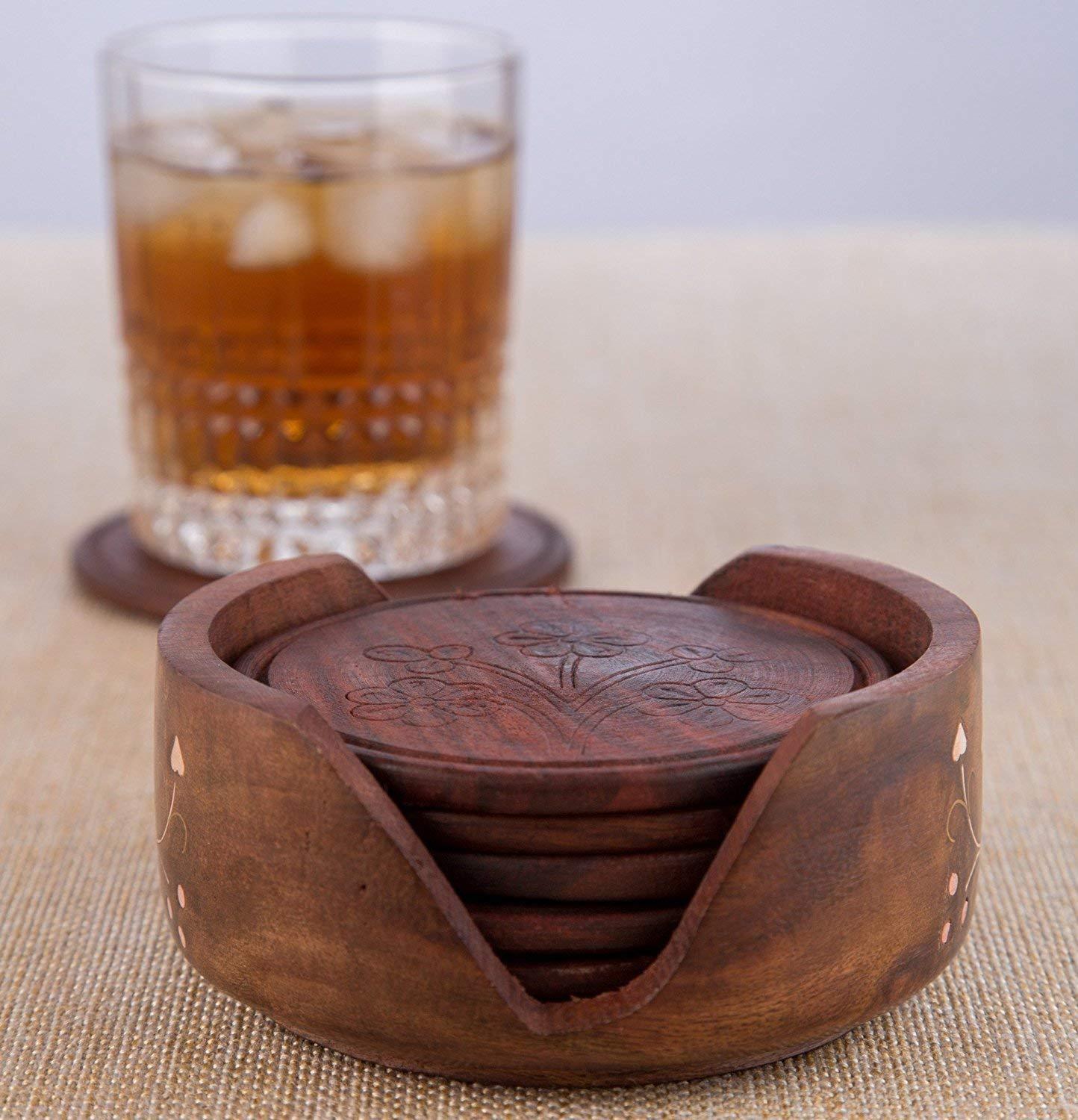 Wood Drink Coasters Sets with Holder Set of 6 - Ouch Cart