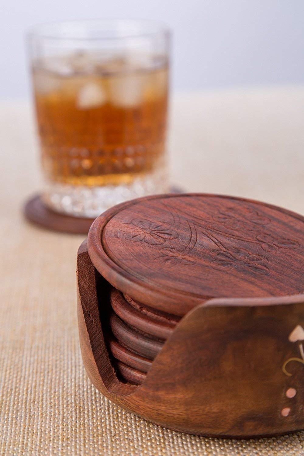 Wood Drink Coasters Sets with Holder Set of 6 - Ouch Cart