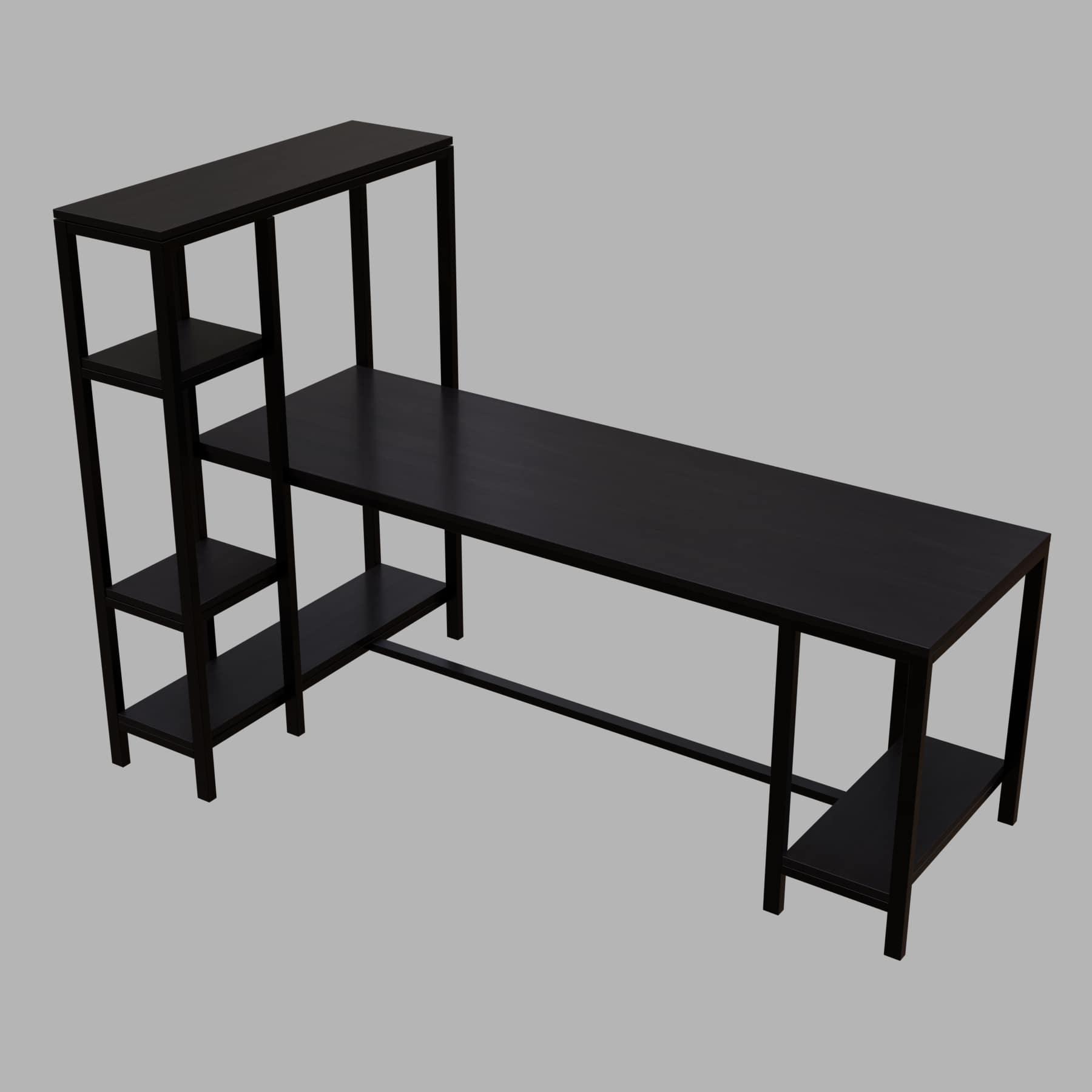 Gaming desk with multiple open shelves have additional space for CPU unit.