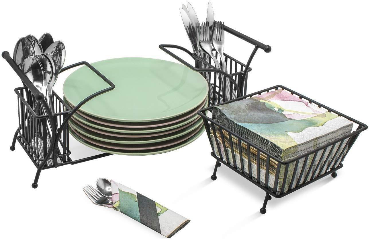 Utensil Holder Use for Napkin, Cutlery, Plate Holder, Tabletop Organizer Ideal for Dining Table, Party, Buffet, Kitchen, Entertaining (Black) Iron. - Ouch Cart