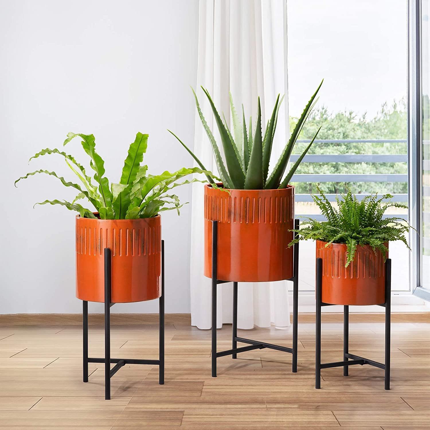 Set of 3 Modern Metal Planter Pots with Mid Century Planter Holders Perfect for Indoor and Outdoor Plants, Non-Adjustable Plant Stand - Ouch Cart
