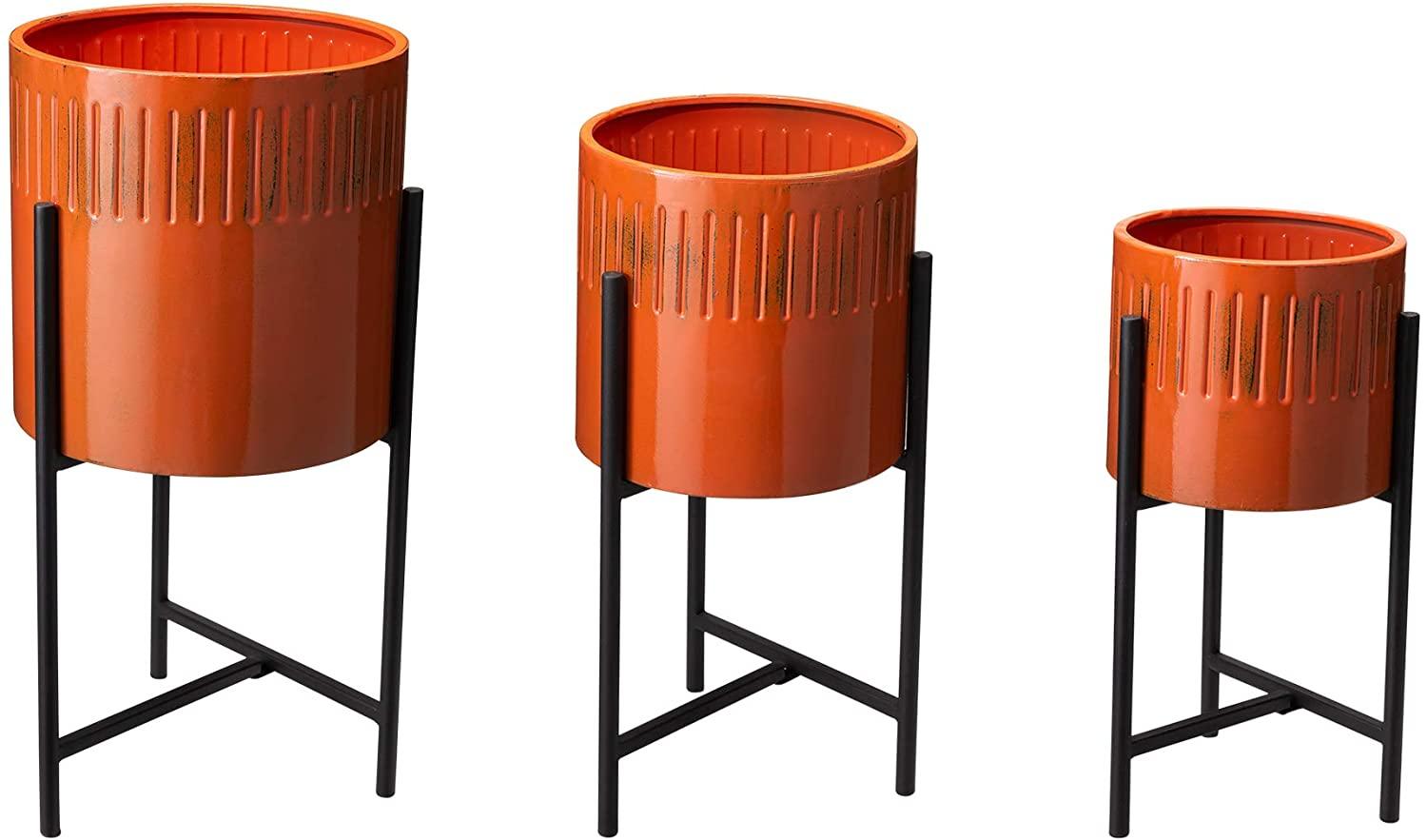 Set of 3 Modern Metal Planter Pots with Mid Century Planter Holders Perfect for Indoor and Outdoor Plants, Non-Adjustable Plant Stand - Ouch Cart