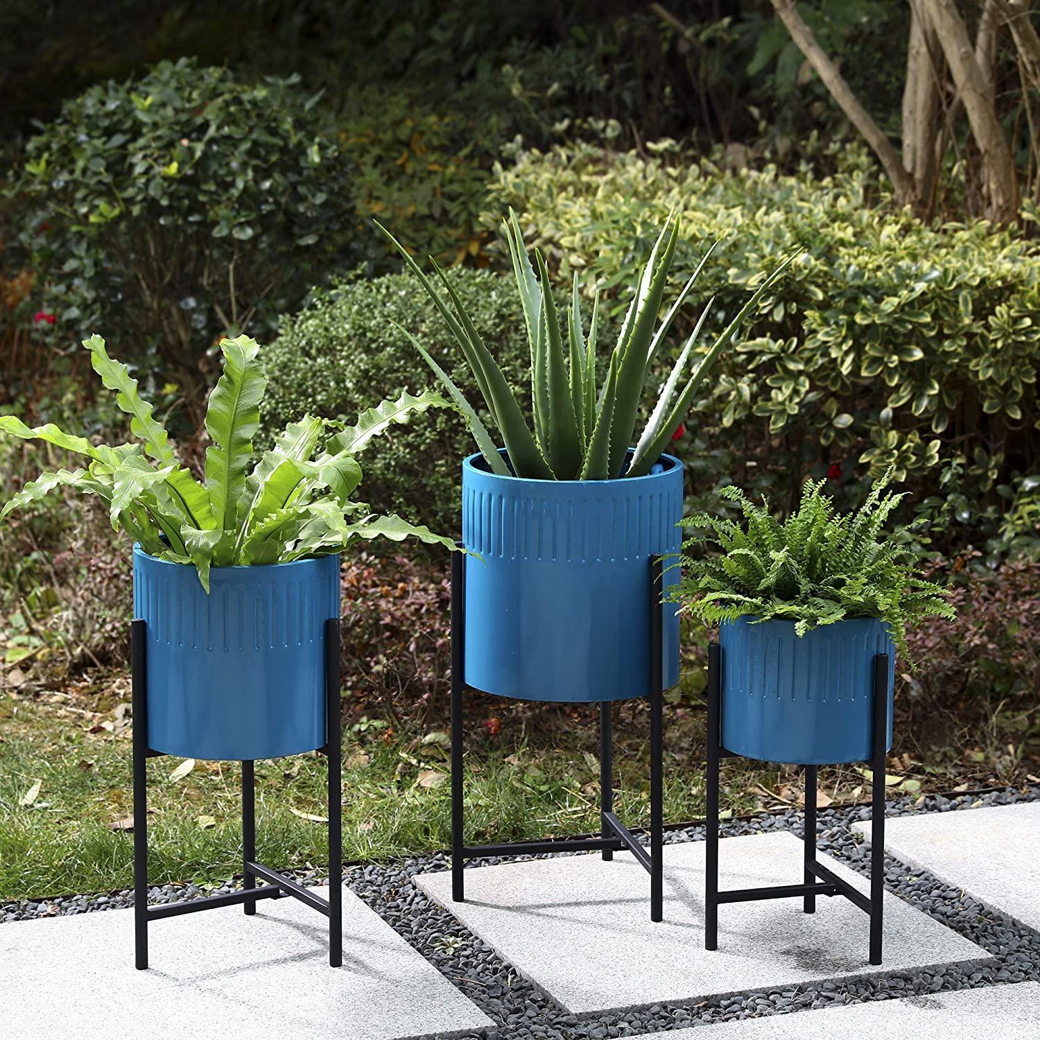 Set of 3 Modern Metal Planter Pots with Mid Century Planter Holders Perfect for Indoor and Outdoor Plants, Non-Adjustable Plant Stand - Ouch Cart