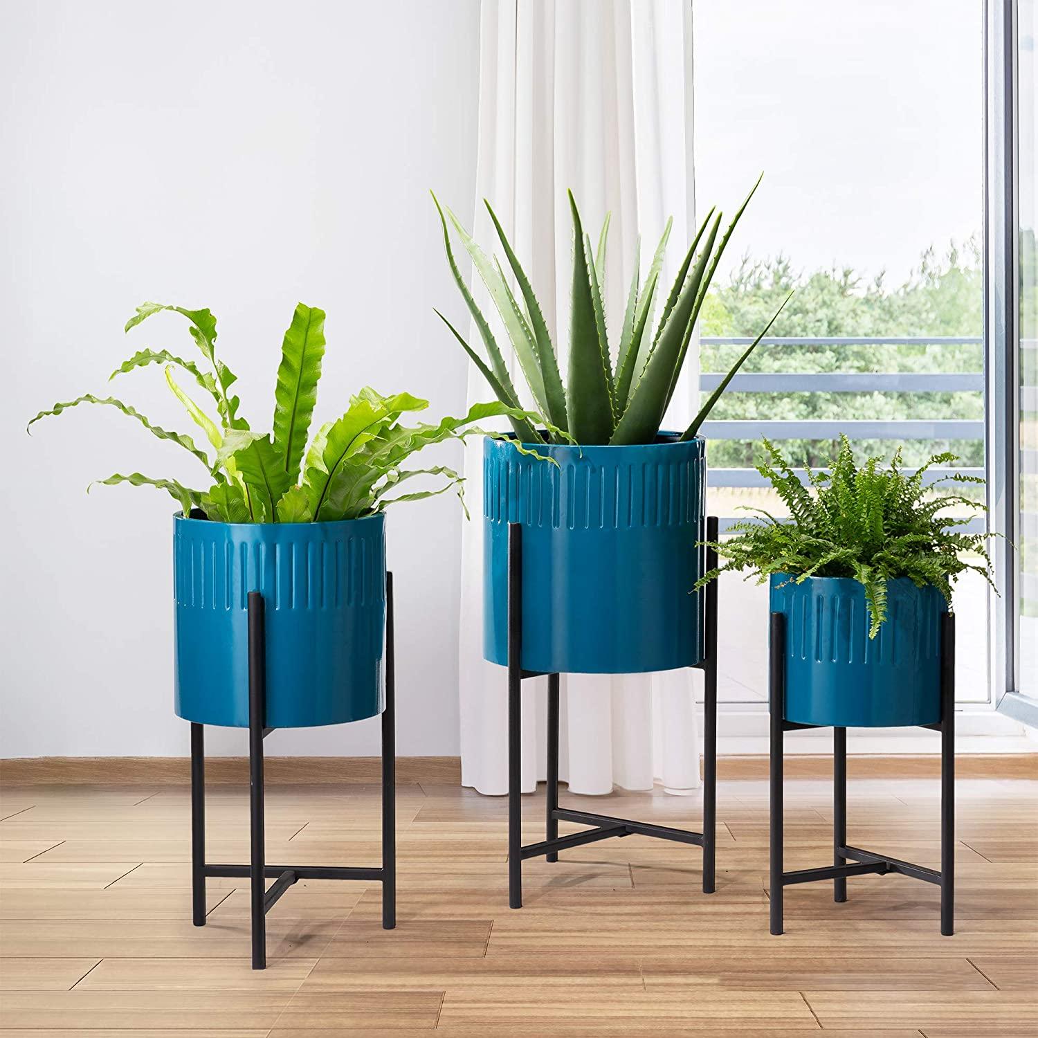 Set of 3 Modern Metal Planter Pots with Mid Century Planter Holders Perfect for Indoor and Outdoor Plants, Non-Adjustable Plant Stand - Ouch Cart