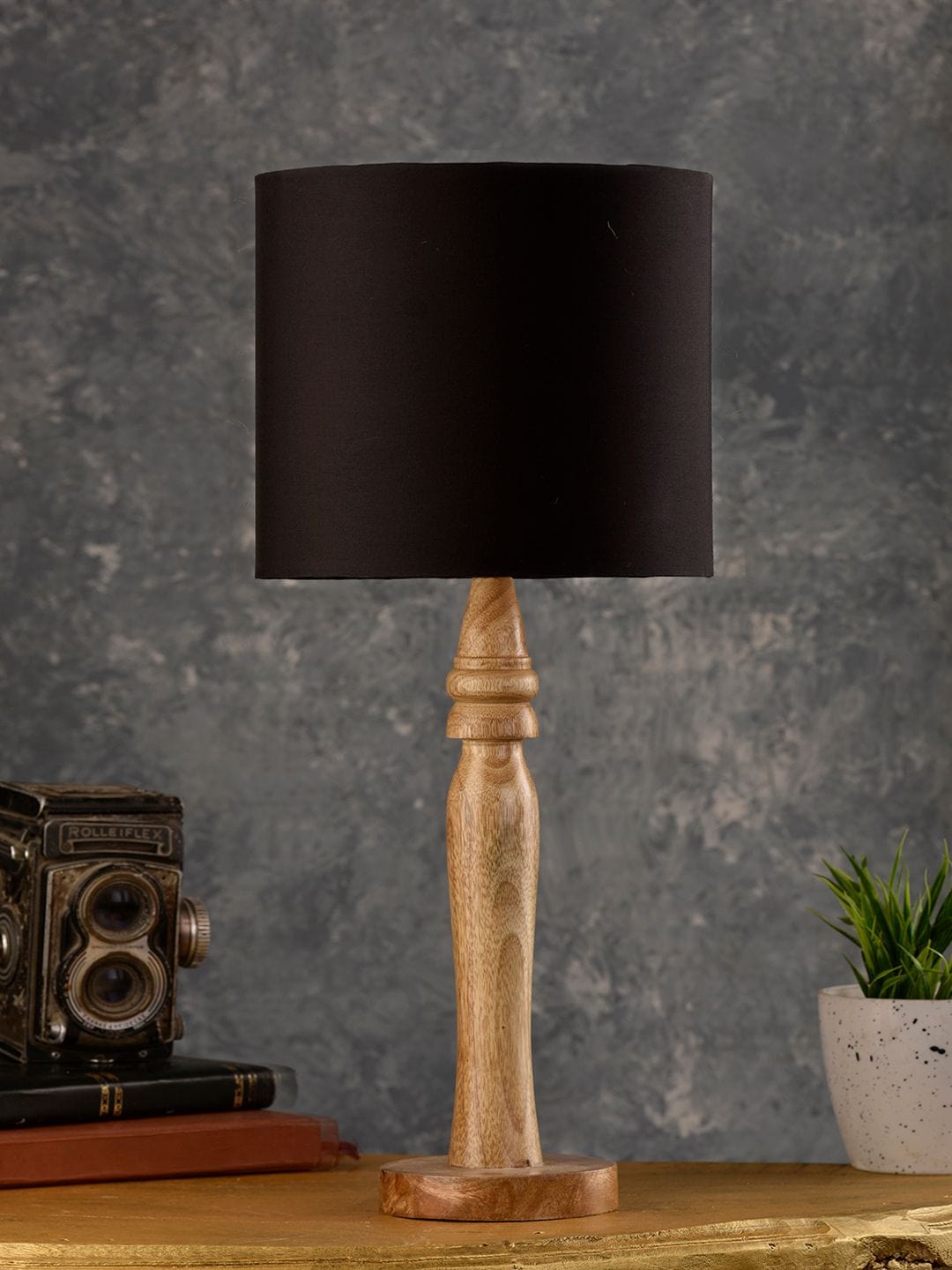 Round Brown Lamp with Black Cotton Shade