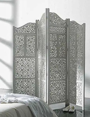 4 Panel Wooden Partition Wooden Handcrafted Partition Room Divider Separator for Living Room Office Wood Consists of 4 Panels to be Placed in Zig-Zag - Ouch Cart