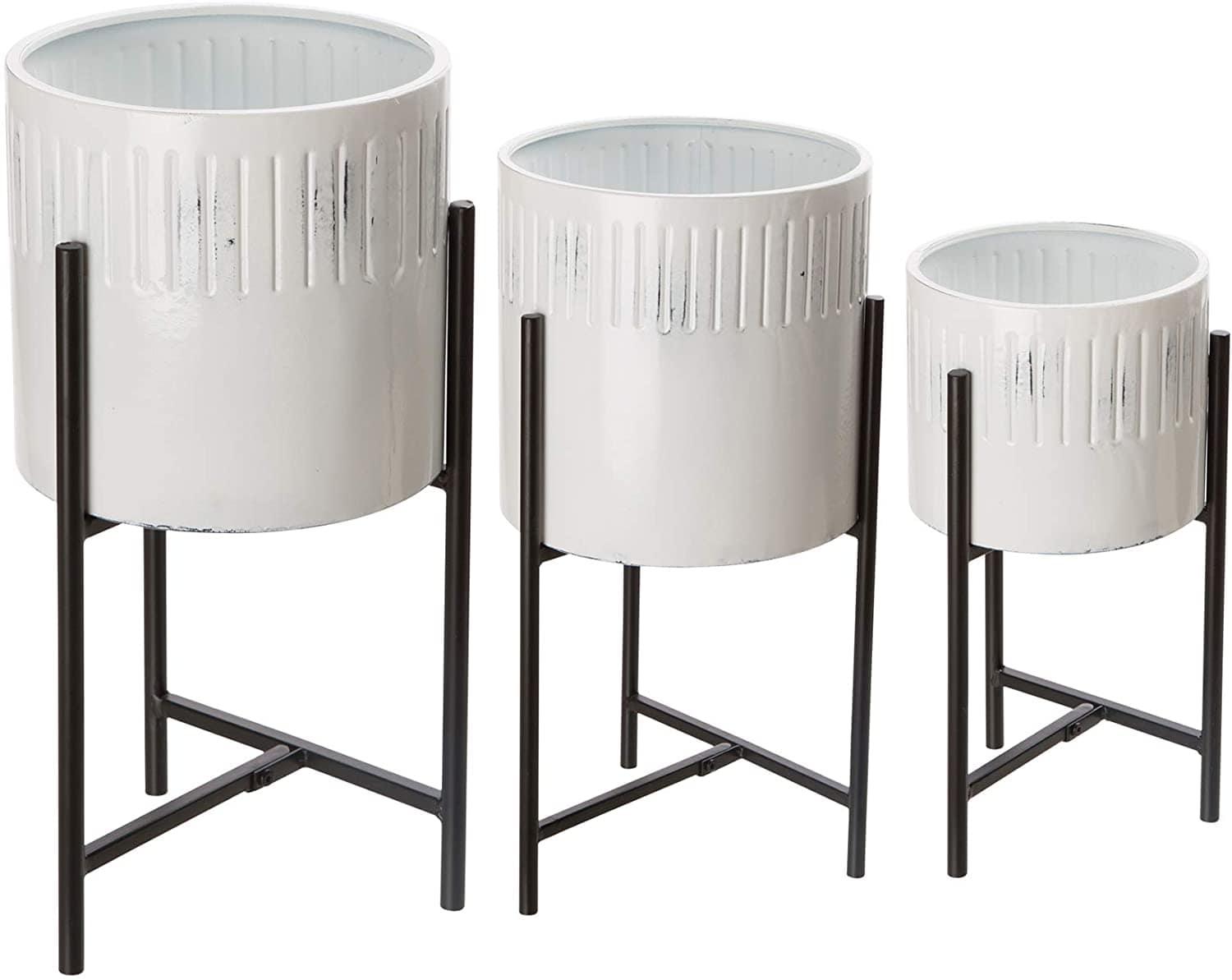 Set of 3 Modern Metal Planter Pots with Mid Century Planter Holders Perfect for Indoor and Outdoor Plants, Non-Adjustable Plant Stand - Ouch Cart