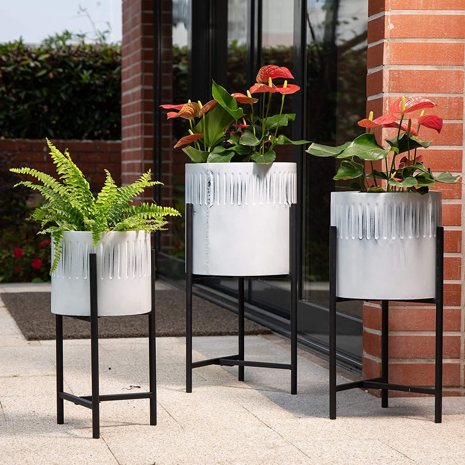 Set of 3 Modern Metal Planter Pots with Mid Century Planter Holders Perfect for Indoor and Outdoor Plants, Non-Adjustable Plant Stand - Ouch Cart
