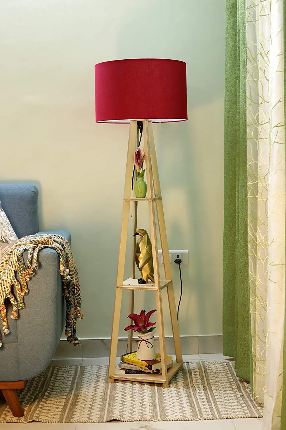 Premium Birch Plywood Floor Lamp with Shelf (Red Shade)