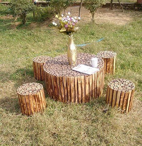Wooden Round Shape Coffee Table with 4 Stools - Ouch Cart