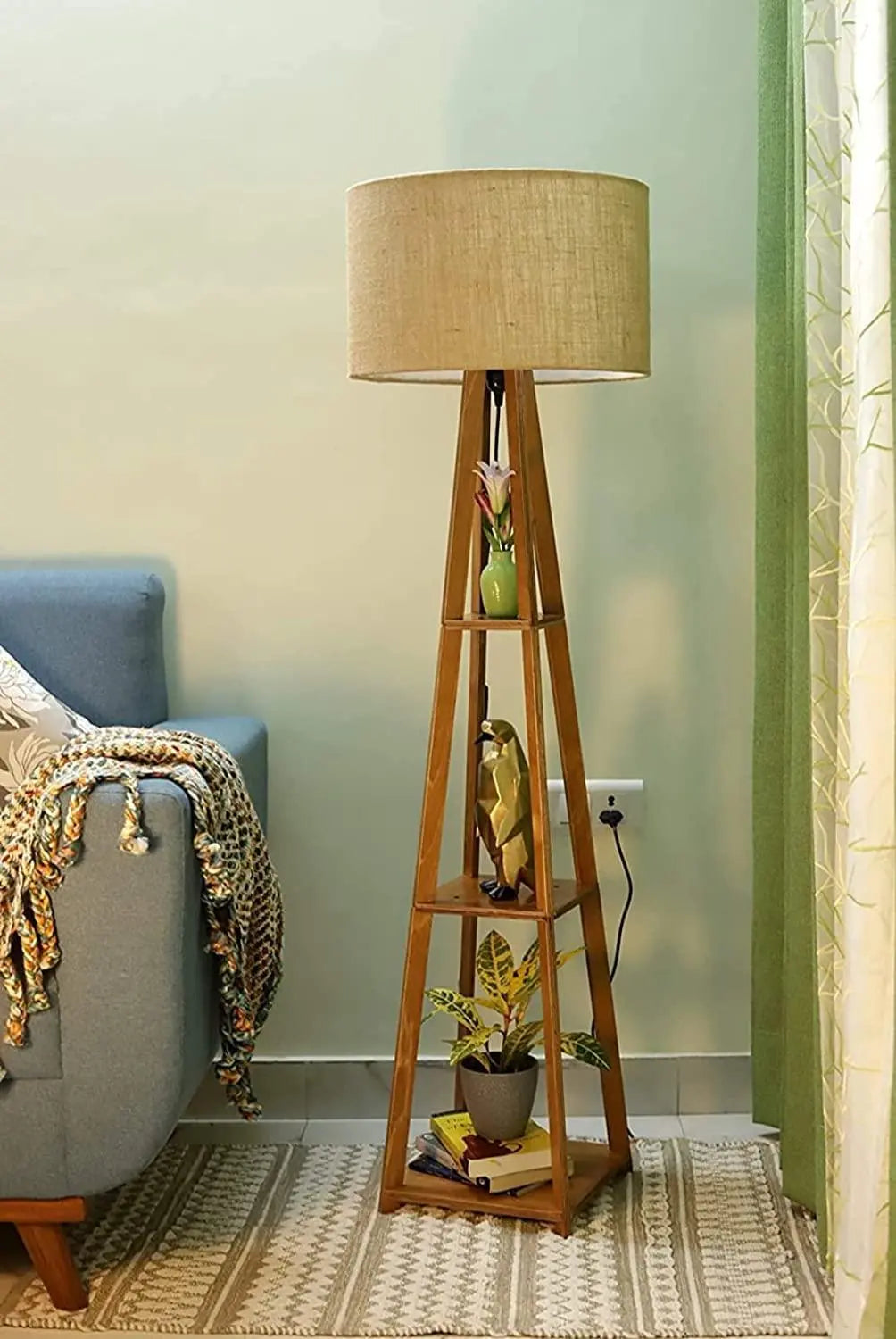 Premium Birch Brown Polished Plywood Floor Lamp with Shelf (Brown Shade) - Ouch Cart