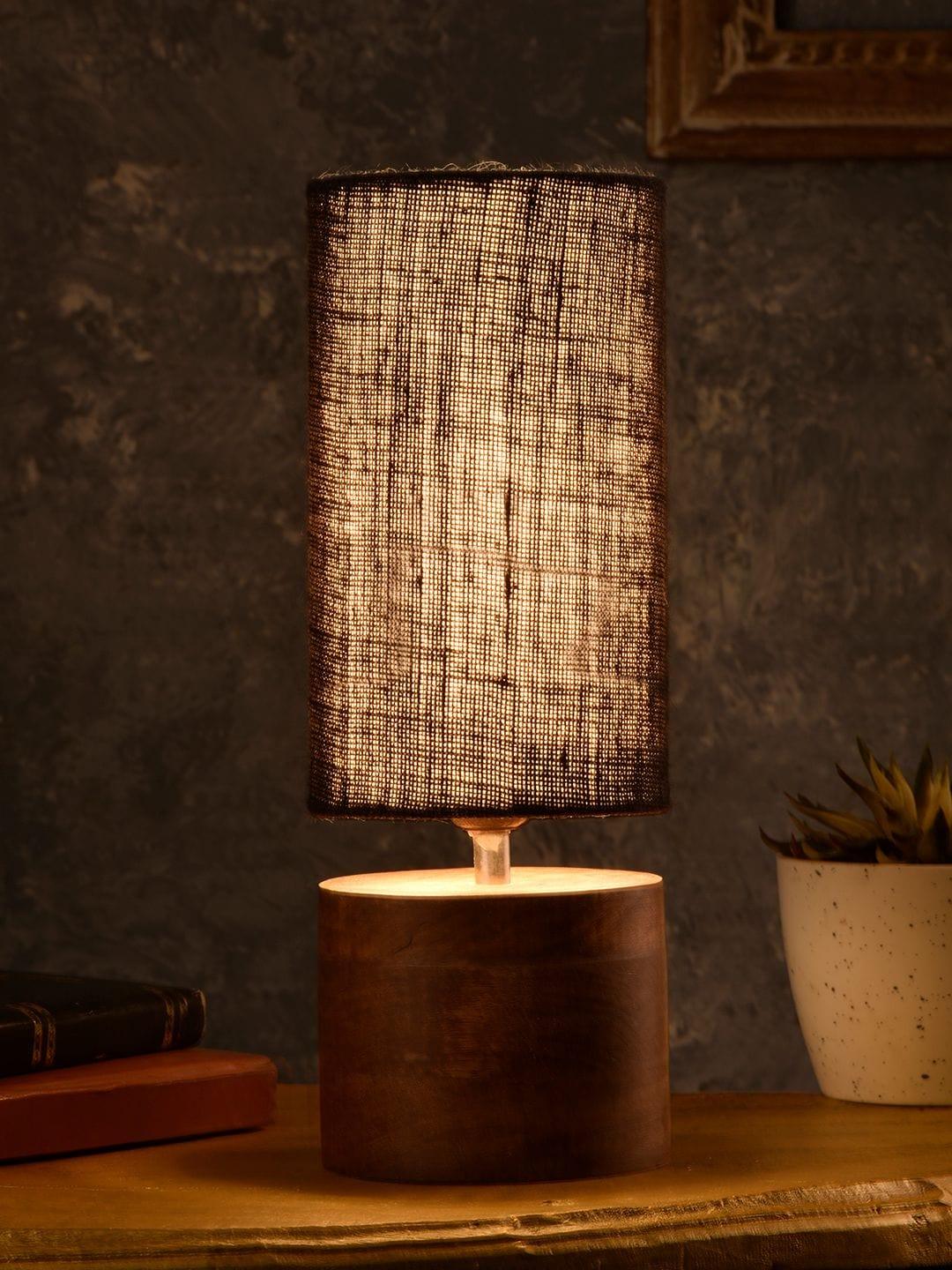 Wooden Log Table Lamp with Black Jute Shade - Ouch Cart