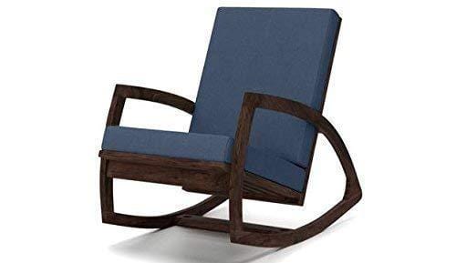Sheesham Wood Rocking Chair for Adults | Wooden Rocking Chair | Blue Cushion | Walnut Finish