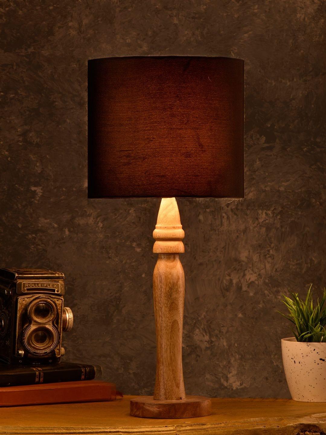 Round Brown Lamp with Black Cotton Shade - Ouch Cart