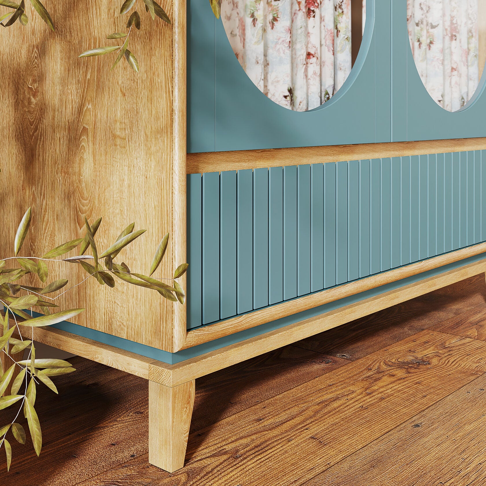 Modern 2 Door Wooden Wardrobe with Floral Fabric Panels | Premium Blue Bedroom Almirah | Scandinavian Storage Cabinet