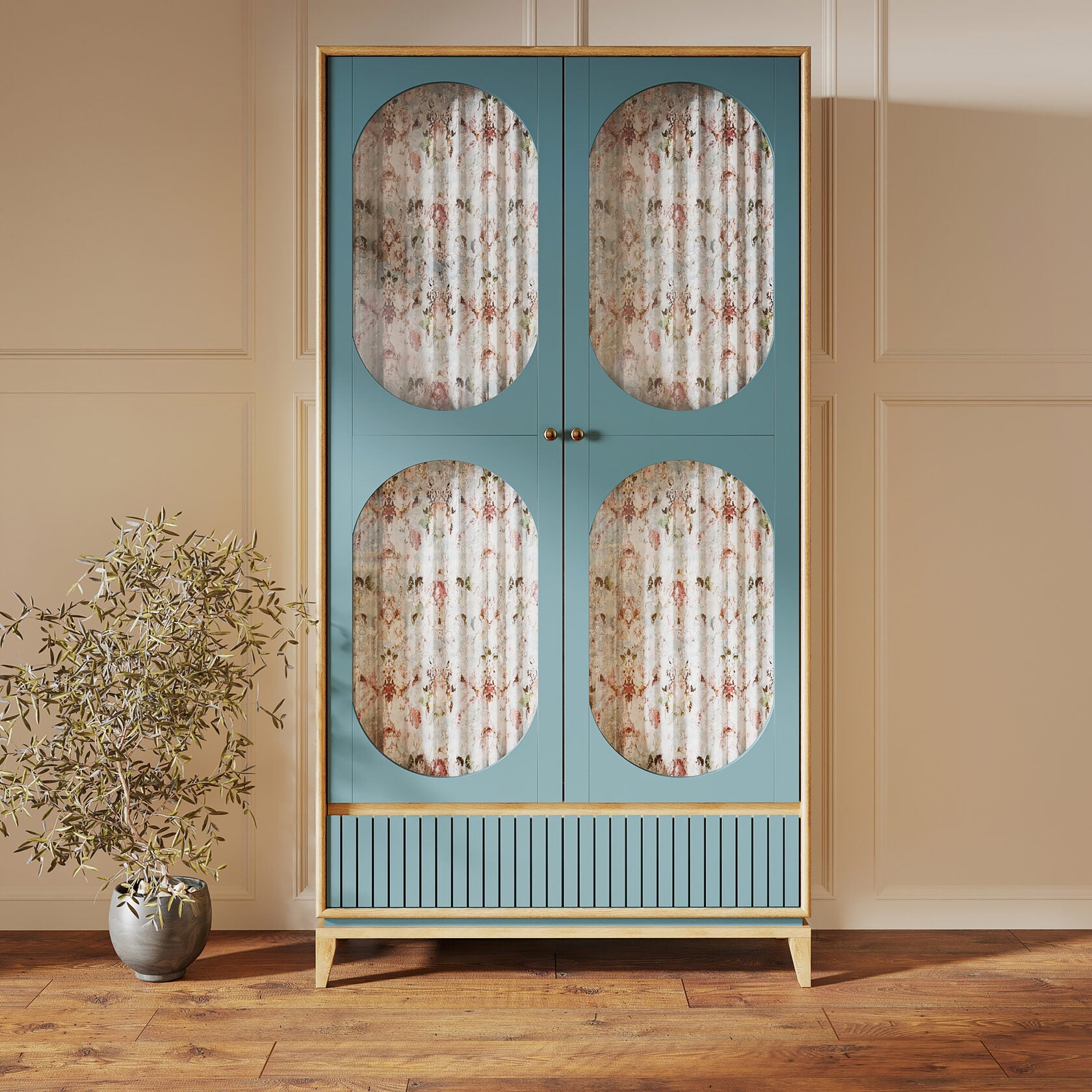 Modern 2 Door Wooden Wardrobe with Floral Fabric Panels | Premium Blue Bedroom Almirah | Scandinavian Storage Cabinet