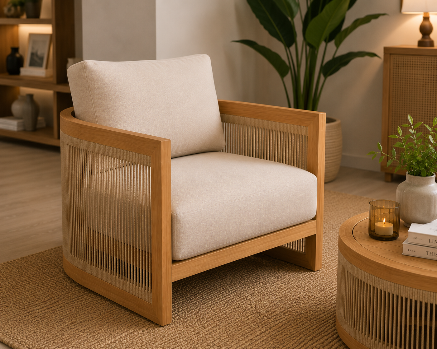 Modern Wooden Cane Accent Chair | Solid Wood Single Seater Sofa | Upholstered Lounge Chair for Living Room