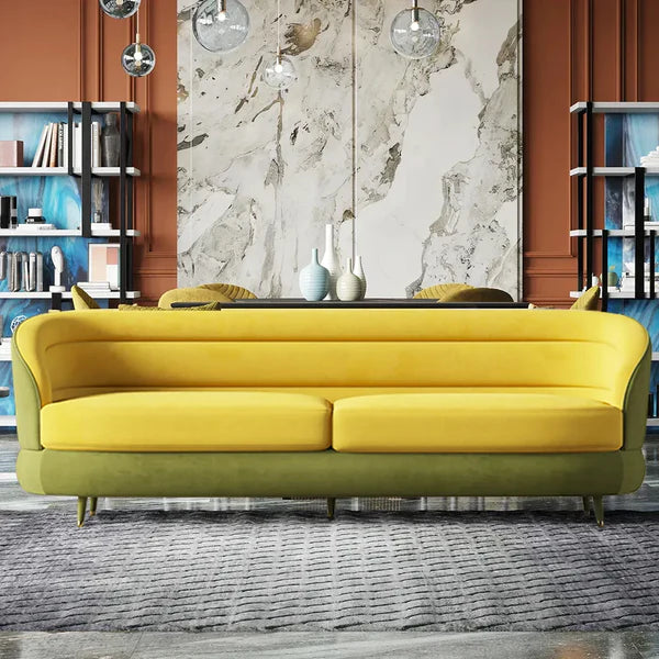 Jocelyn Yellow & Green Velvet Upholstered Sofa for 3 Seaters with Gold Legs