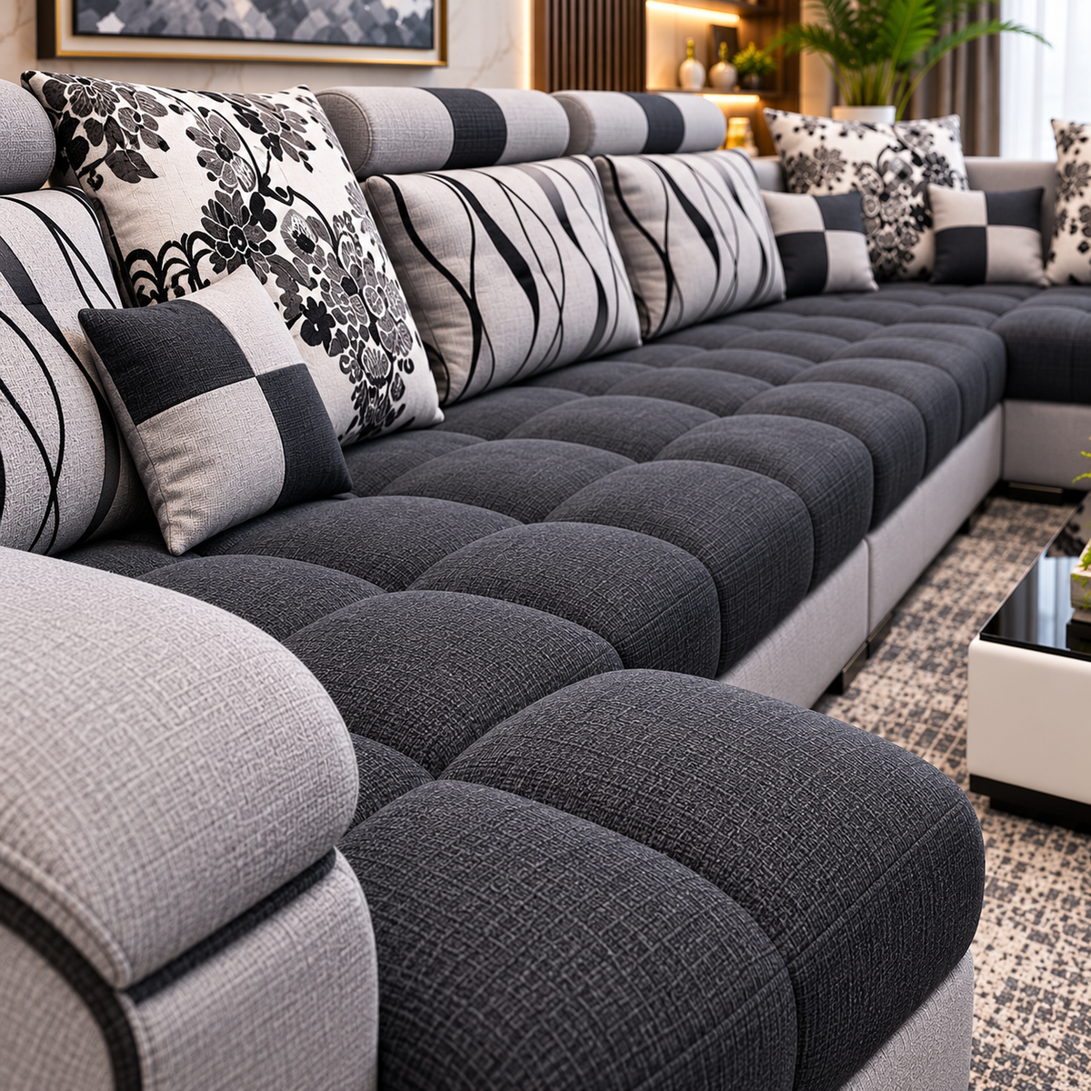 L-Shaped Sectional Sofa Set for Living Room | Modern 7-Seater Corner Sofa with Chaise, Tufted Fabric Upholstery & Cushioned Backrest