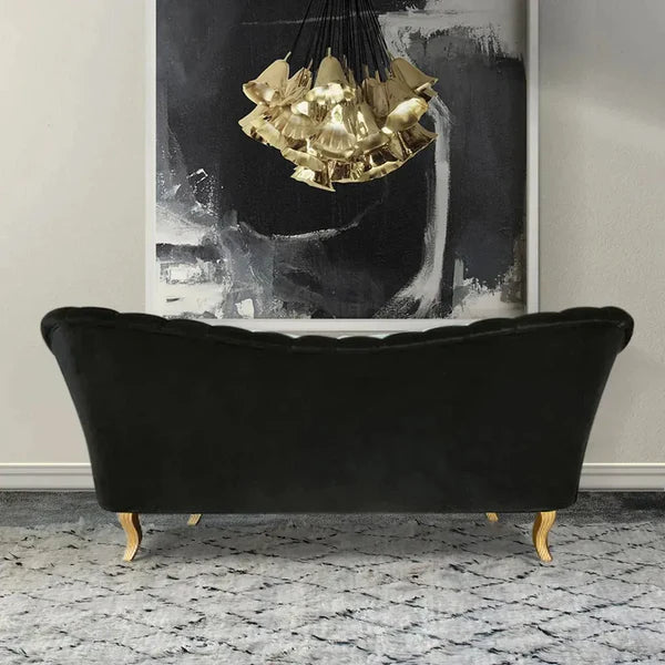 Rowena Black Velvet Upholstered Sofa Channel Tufted 3-Seater Sofa in Gold