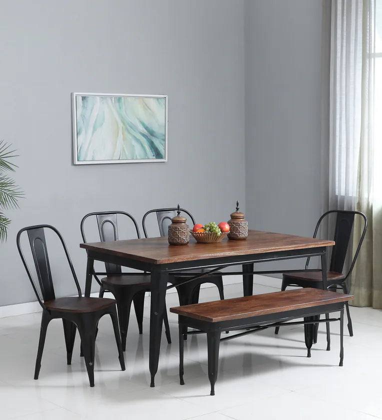 Metal 6 Seater Dining Set In Scratch Resistant Black Colour With Bench