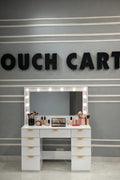 Vanity Table with Lighted Mirror, 9 Drawers, Built-In Power Outlet, and Spacious Storage
