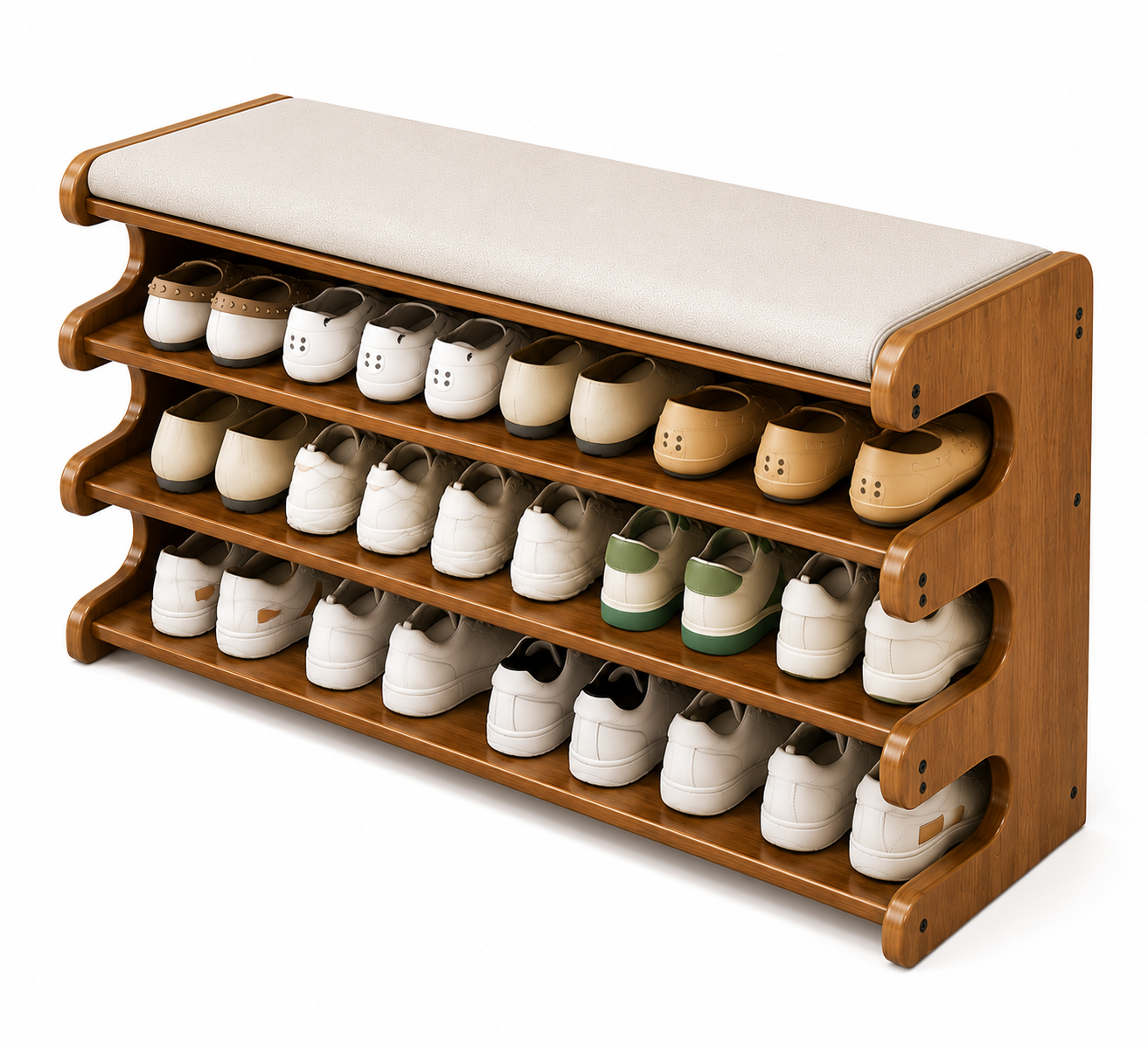 Wooden Shoe Rack Bench with Cushioned Seat | 4-Tier Open Shoe Storage Organizer | Entryway Shoe Shelf for Hallway, Bedroom & Living Room