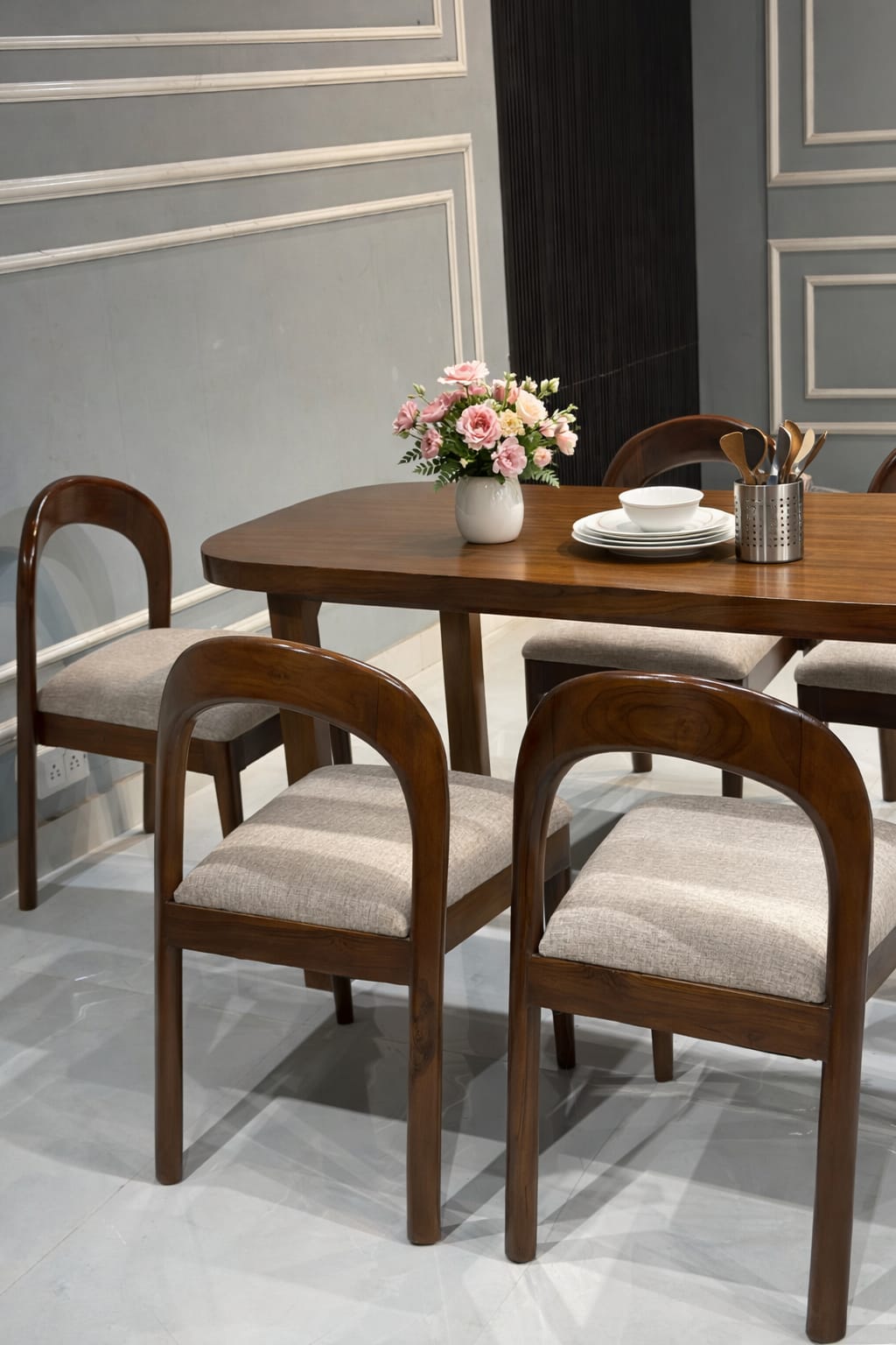 Modern Wooden 4-Seater Dining Table Set with Cushioned Chairs | Elegant Home Dining Furniture
