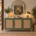 Modern Cane Sideboard Cabinet | Olive Green Storage Console with Rattan Doors & Brass Legs