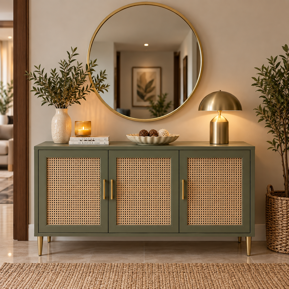 Modern Cane Sideboard Cabinet | Olive Green Storage Console with Rattan Doors & Brass Legs