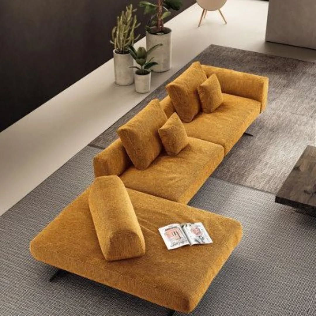 Modern Mustard Bouclé Sectional Sofa | Luxury Modular Fabric Sofa with Metal Legs | Contemporary Living Room Couch