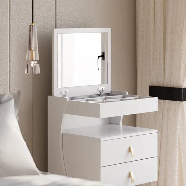 Constanza White Makeup Vanity Set Mini Dressing Table with Stool & Miroor, Wooden Vanity Table Set, Makeup Dressing Table with Mirror, 3 Drawers and Stool for Bedroom, White