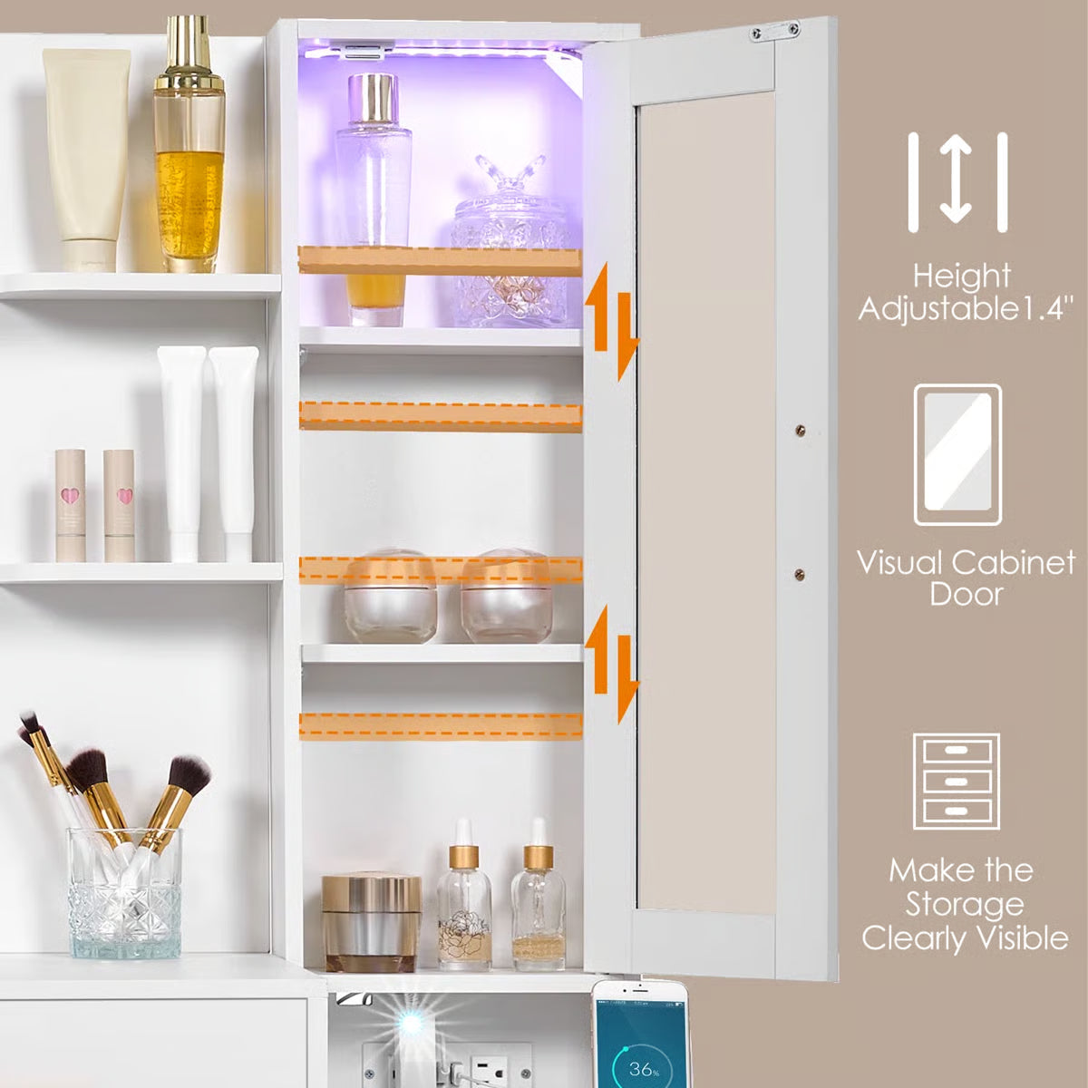 Adriel 51.8" Modern Makeup Vanity with Mirror, LED Lights, and Cabinet Storage