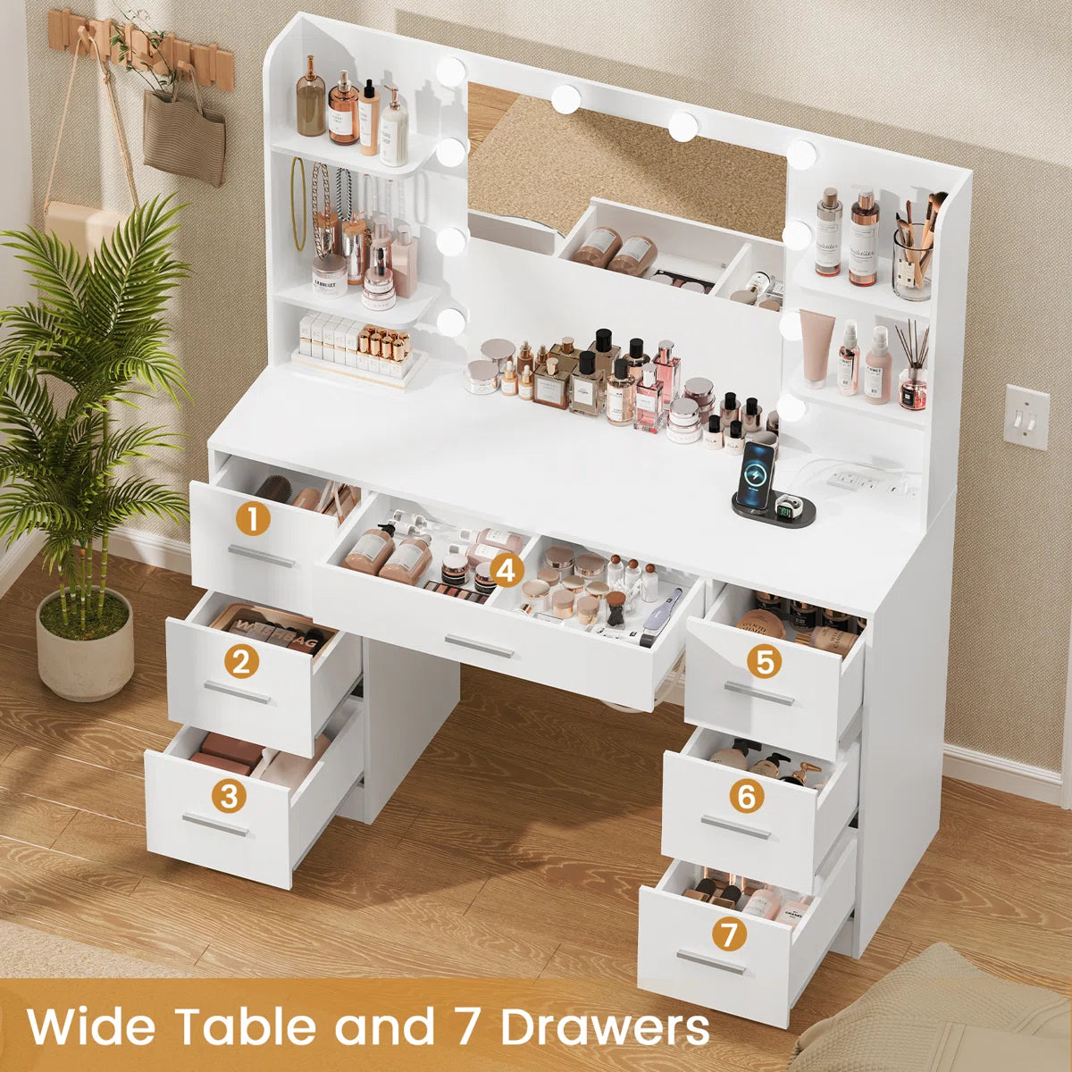 Camyla Large Makeup Vanity Table with LED Mirror, 7 Drawers, 4 Storage Shelves, Jewelry Hooks & Power Outlet