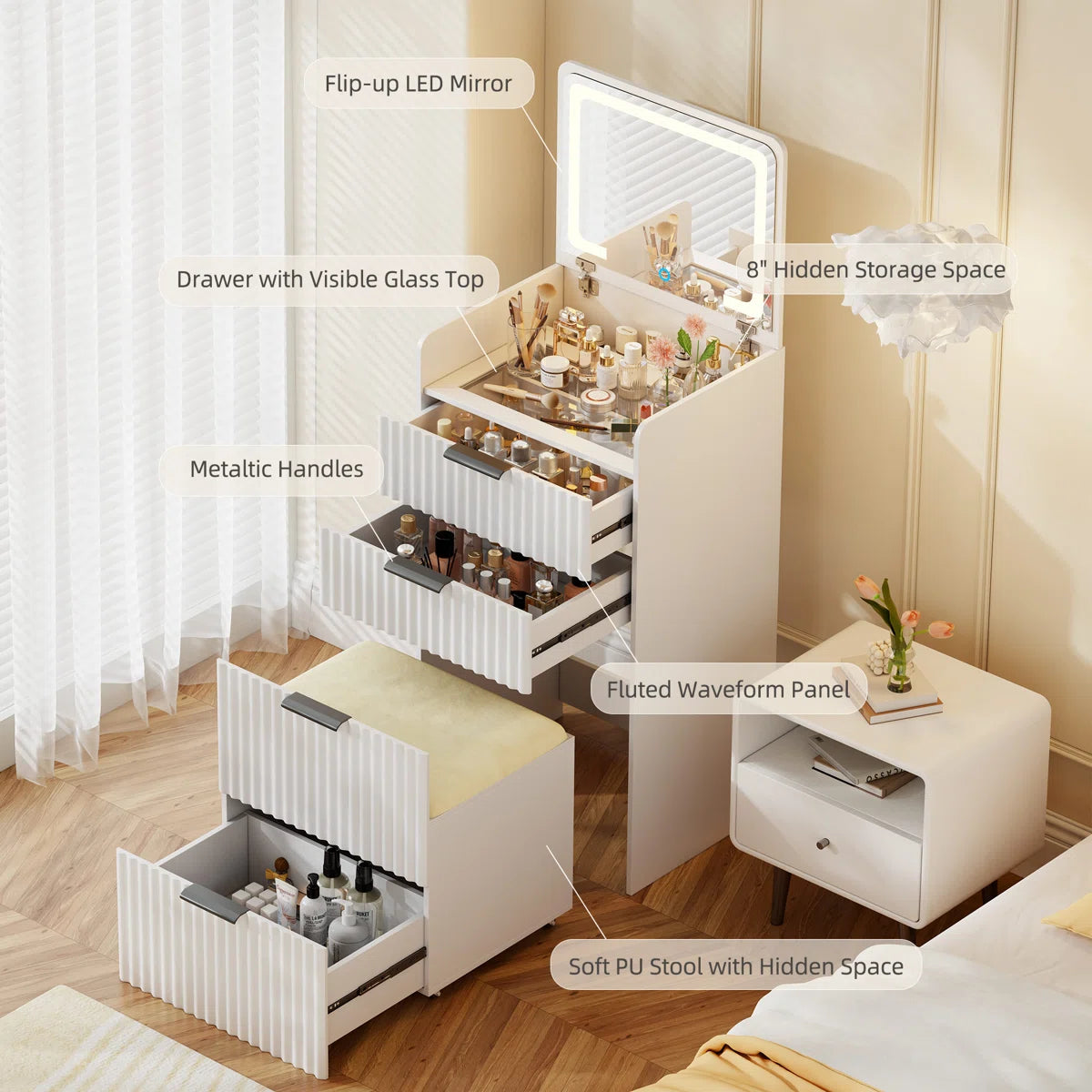 Space-Saving Vanity Desk with Flip-Up LED Mirror, Glass Drawer Storage, and Hidden Stool- OUCH CART| Dressing tables 