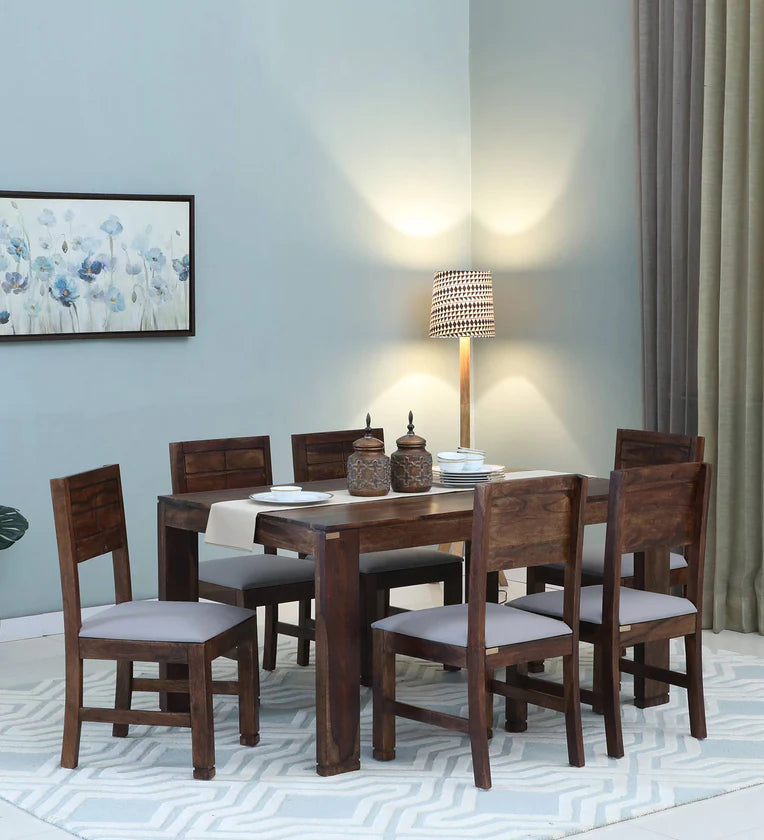 Sheesham Wood 6 Seater Dining Set in Scratch Resistant Provincial Teak Finish with Grey Cushion