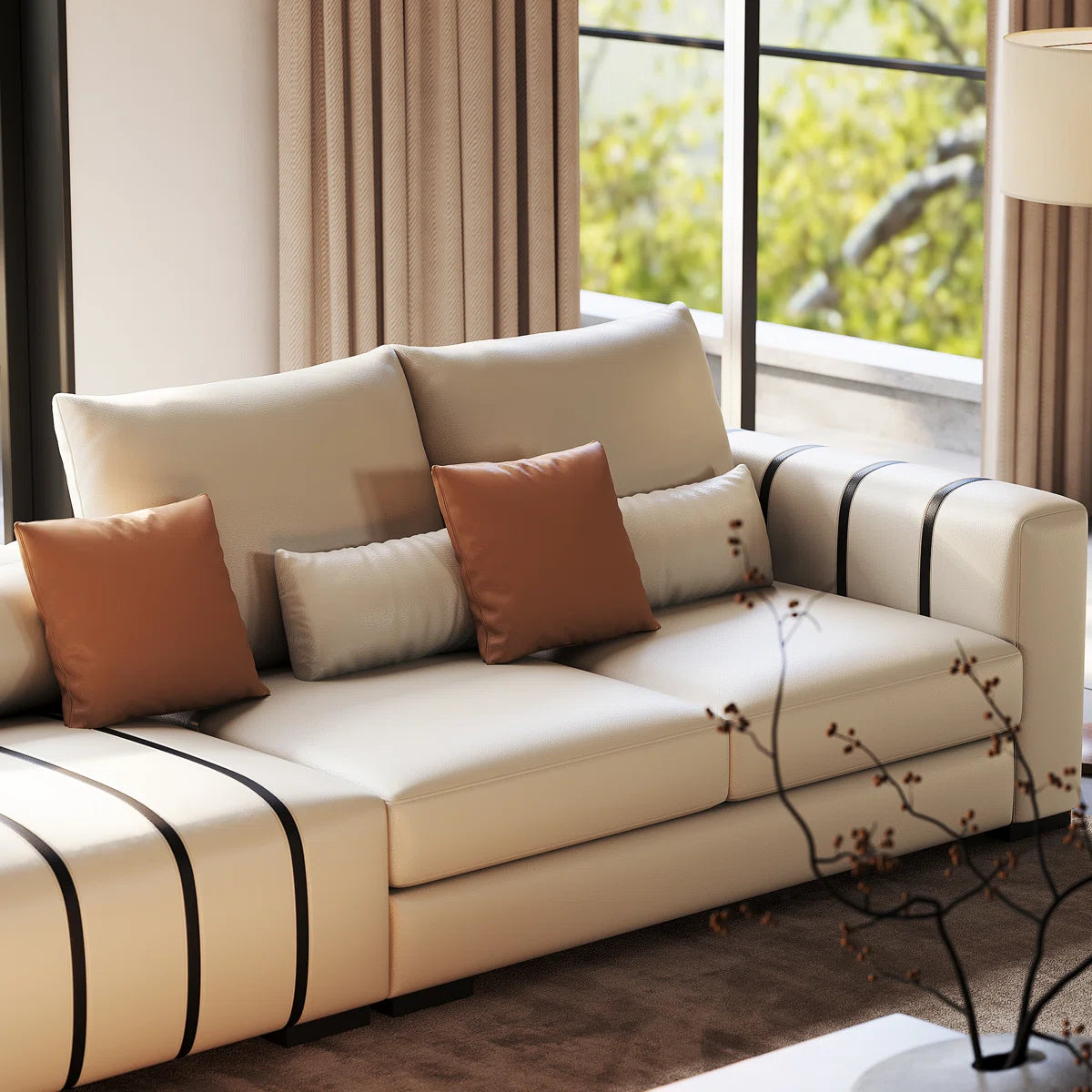 Large Modern Sofa Couch with Pillows, Cream Faux Leather Upholstered Sofa with Solid Wood Frame