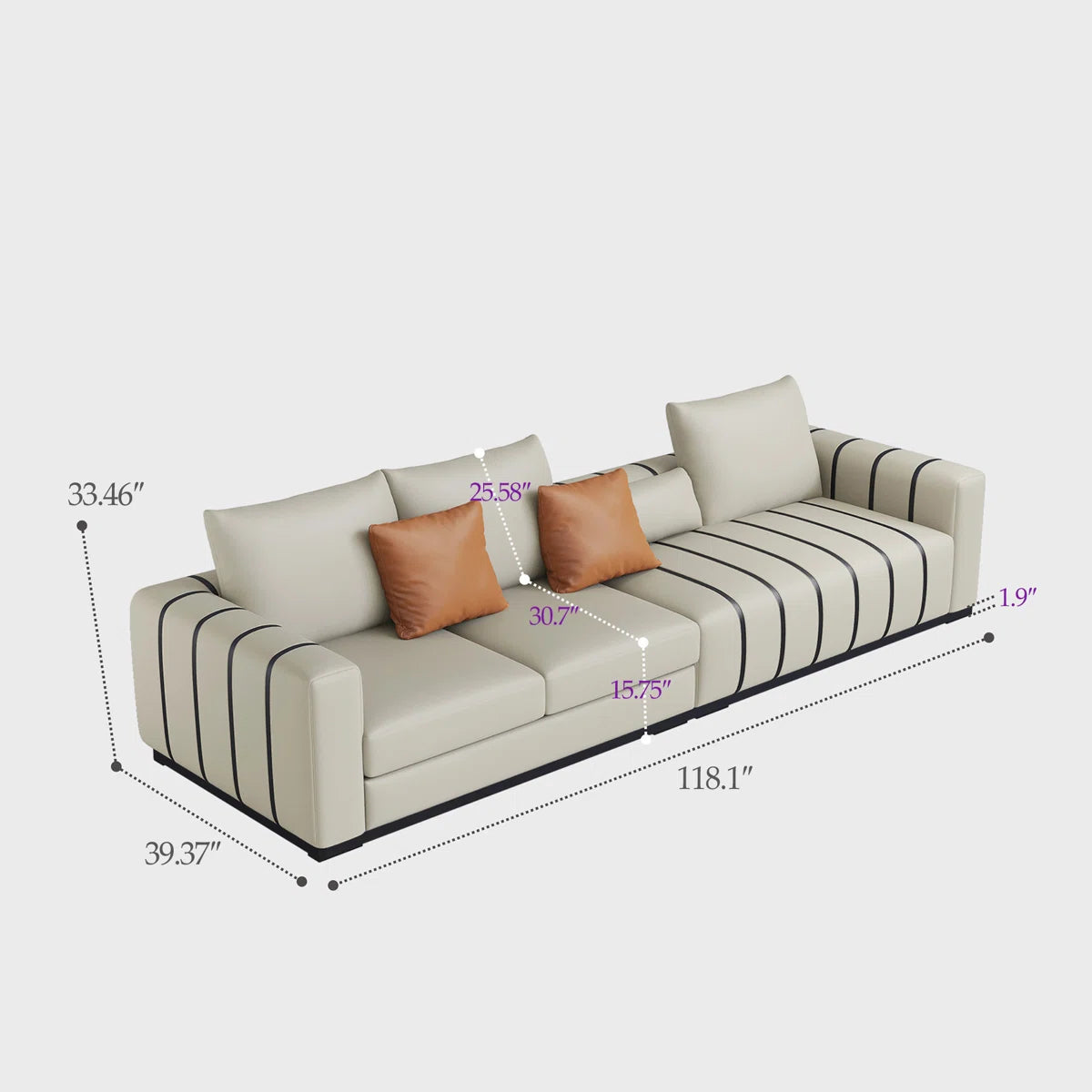 Large Modern Sofa Couch with Pillows, Cream Faux Leather Upholstered Sofa with Solid Wood Frame