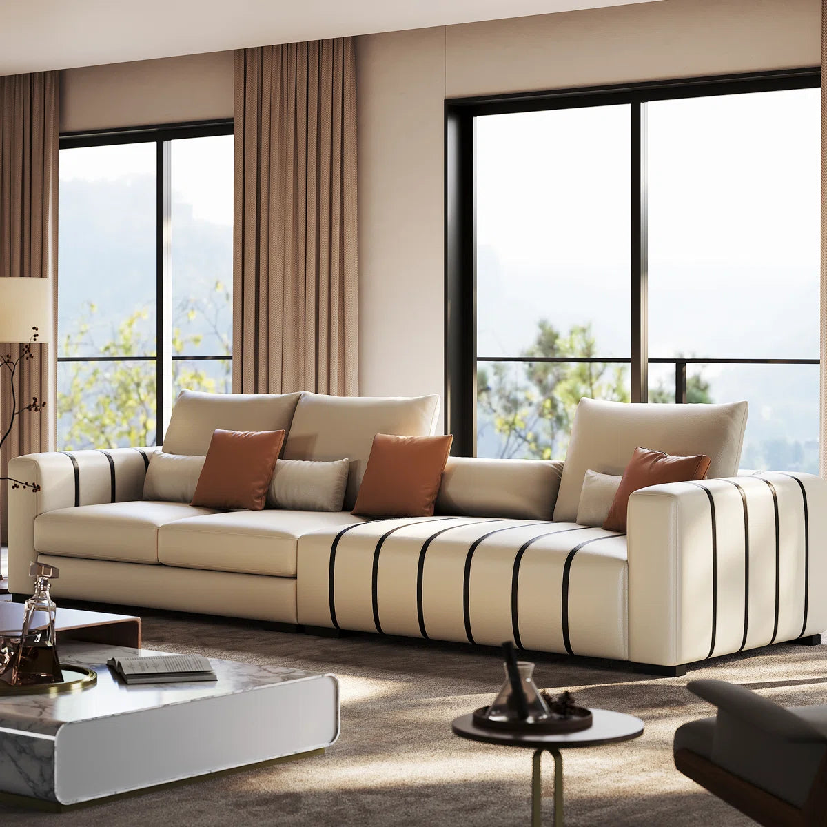 Large Modern Sofa Couch with Pillows, Cream Faux Leather Upholstered Sofa with Solid Wood Frame