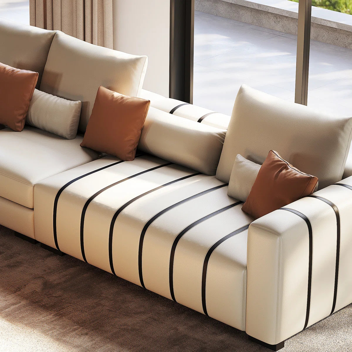Large Modern Sofa Couch with Pillows, Cream Faux Leather Upholstered Sofa with Solid Wood Frame