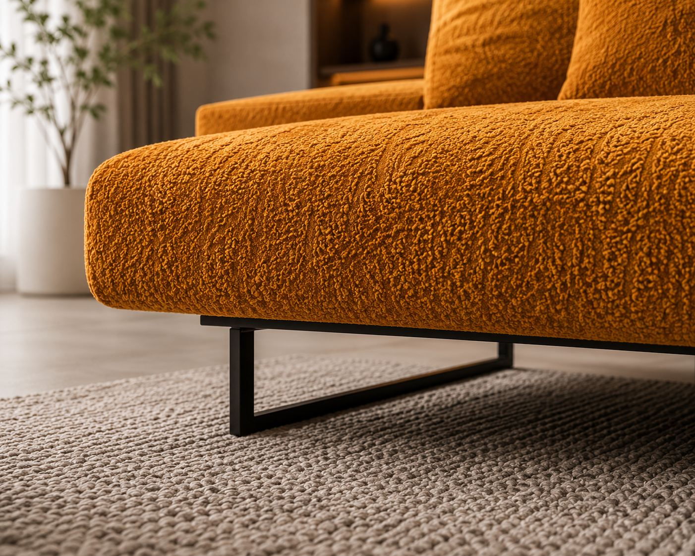 Modern Mustard Bouclé Sectional Sofa | Luxury Modular Fabric Sofa with Metal Legs | Contemporary Living Room Couch