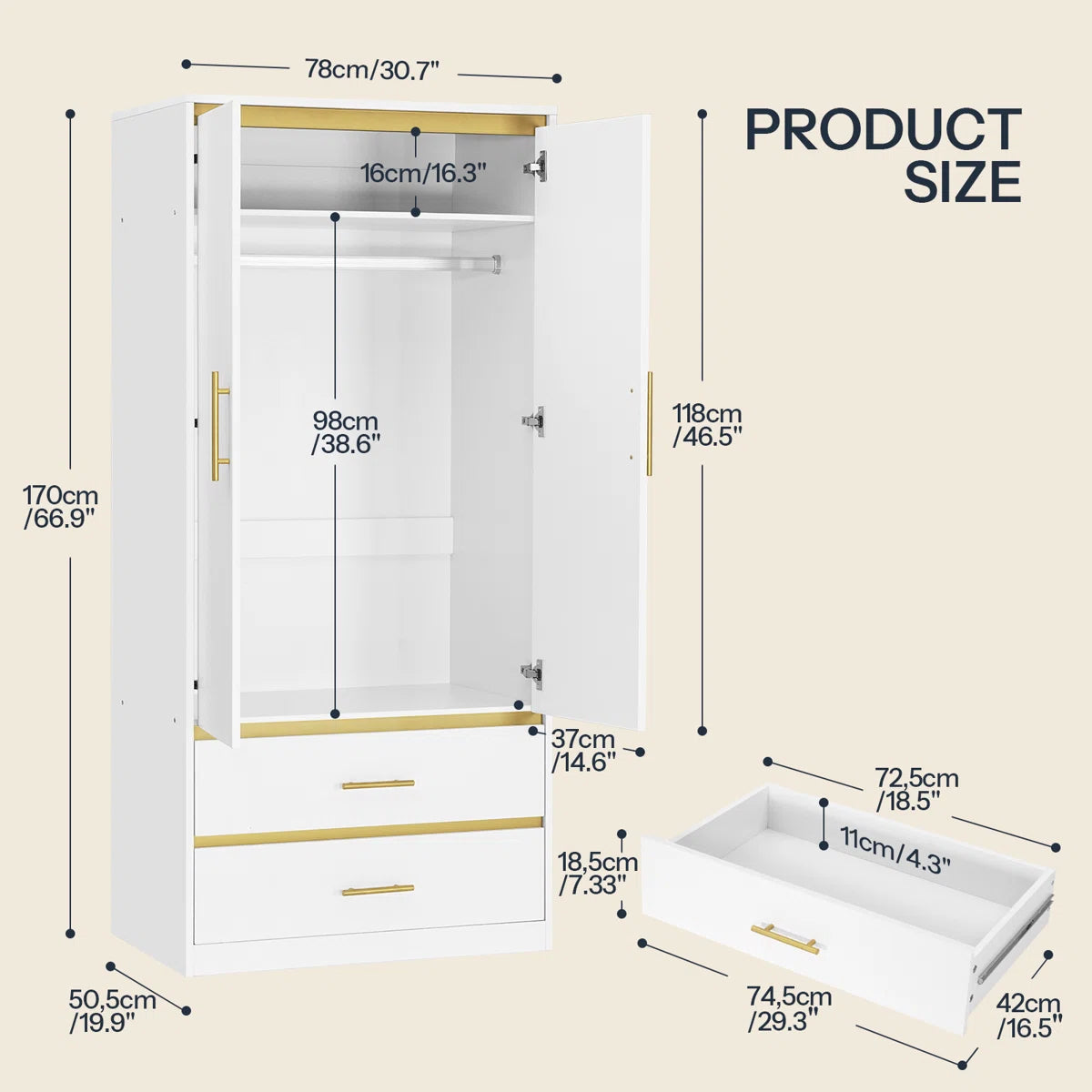 2-Door 66.9" H Armoire Wardrobe – Closet with Hanging Rod & 2 Drawers-OUCH CART | Wardrobe 