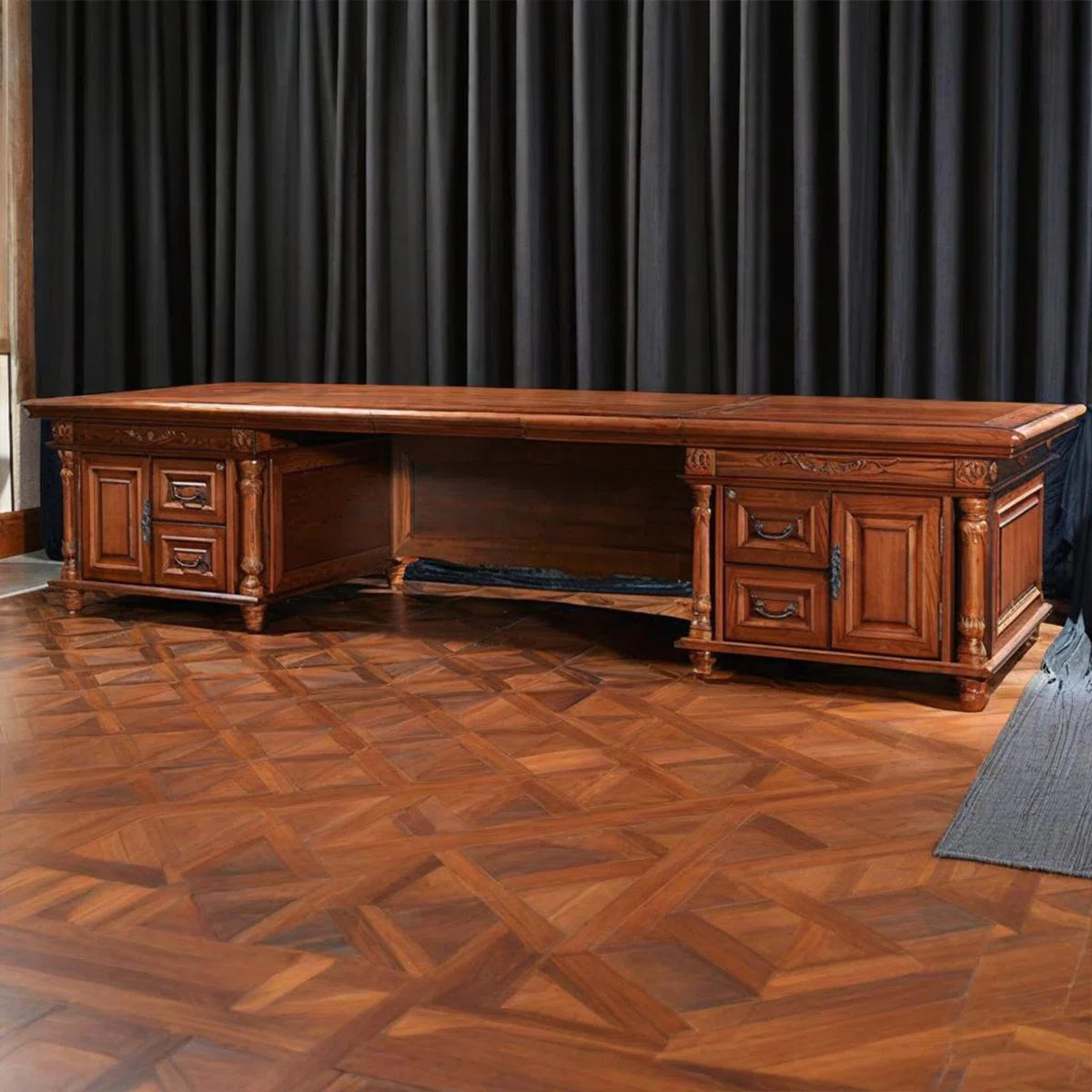 Ouch Cart Luxury Executive Writing Desk | Extra-Wide Carved Wooden Office Table with Antique Brass Details
