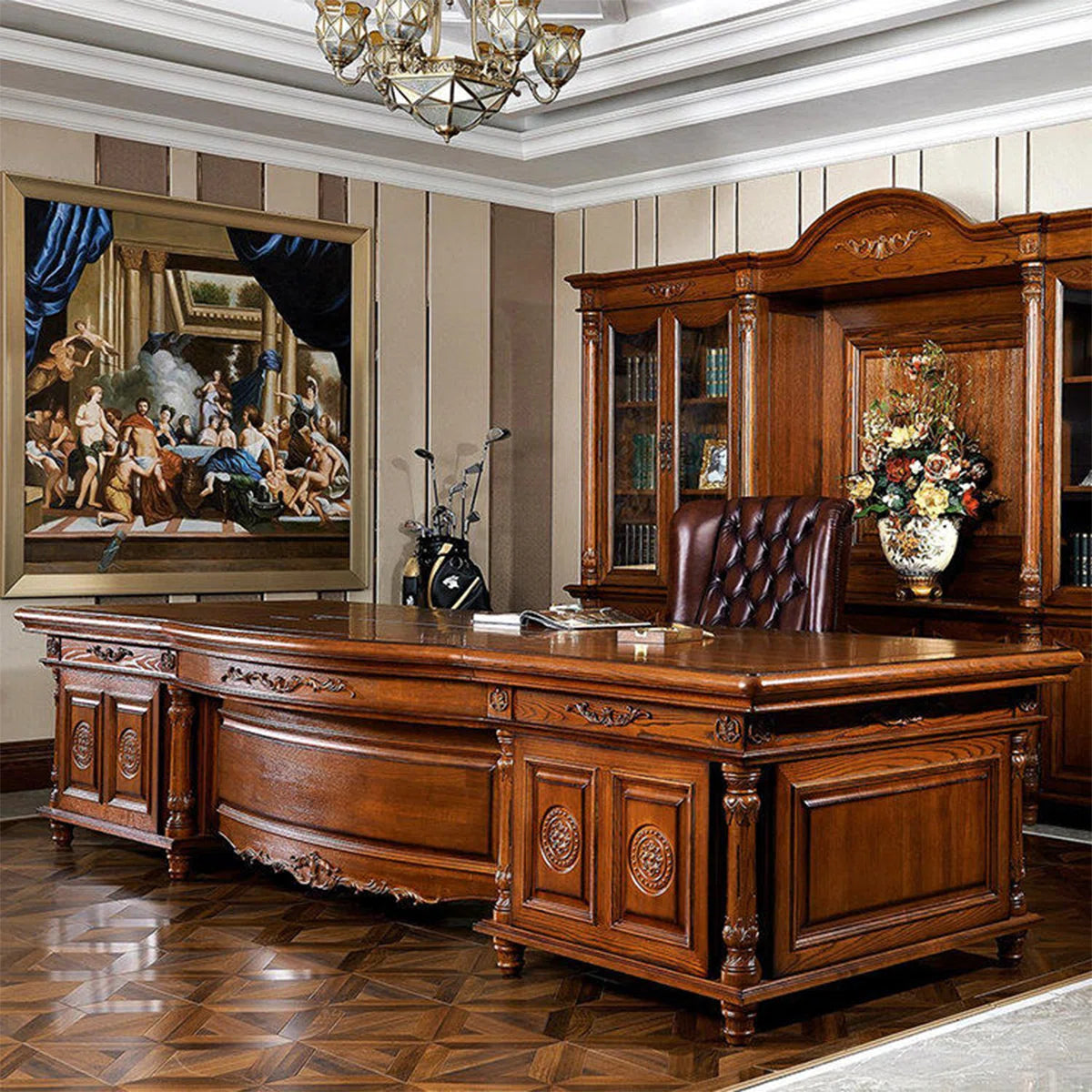 Ouch Cart Luxury Executive Writing Desk | Extra-Wide Carved Wooden Office Table with Antique Brass Details